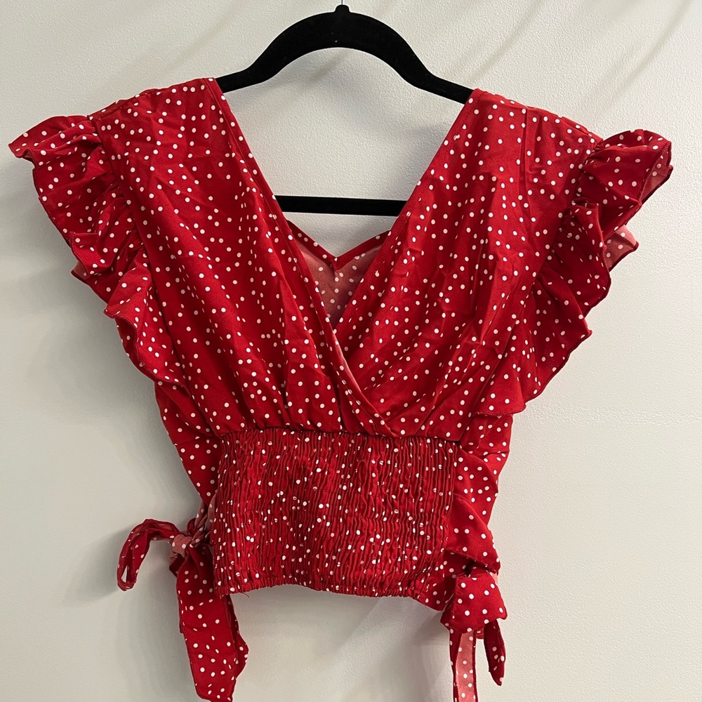 NWOT Shein Red Polka Dot Bowtie Mini Blouse Size Small - Smoke free home